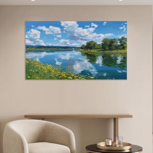 Image of Wooden Framed Small Canvas Wall Art Poster, Nature Landscape Painting on Canvas Prints, Lake Floral Tree - Pictures Artwork for Living Room Bedroom Restaurant Wall Decoration 40 x 30 cm Blue