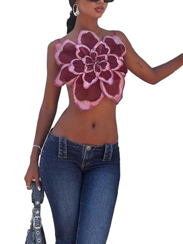 Women 3D Flower Spaghetti Strap Crop Cami Sleeveless Backless Y2K Party Streetwear Vest2