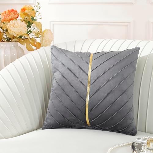 TAOSON Gray/Grey Velvet Throw Pillow Covers,Pack of 2 with Gold L...