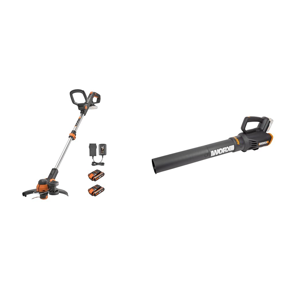 Worx Wg163E Decespugliatore Tagliabordi A Batteria 20V, Stelo In Alluminio Regolabile, Rasaerba Elettrico Da Giardino & Wg547E.9 - Soffiatore A Batteria 20 V, Molto Potente Con Tecnologia A Turbina