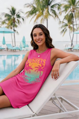 Image of MYHALF Summer Tank Dress for Women Sleeveless Beach Vacation Sundress Short Coconut Tree Sun Dress Casual Coverup