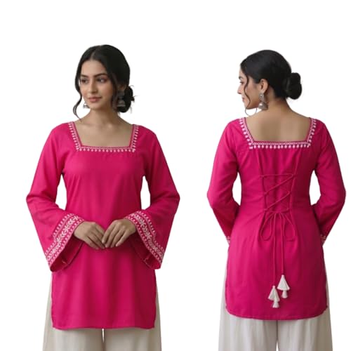 Image of MAHIRA'S Comfort Women's Short Kurti, Rayon Tunic Top with 3 /4 Embroidered Designer Sleeves | Soft Breathable Fabric | Office & Casual Kurti for Jeans, Leggings & Trousers