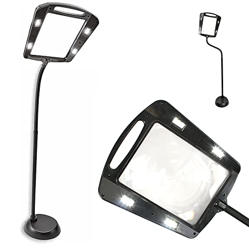 Maxi Loupe avec Zoom Puissant : x5 Grossissement - Grand Cadre/Ecran : 22,5 x 18 cm – Éclairage 12 LEDs : 50 Lumens (6500K) - Pied Flexible - Support 160 Cm de Hauteur - Noir