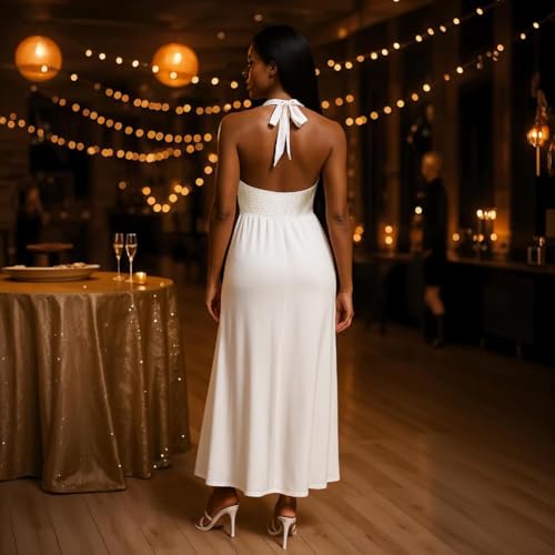 Image of Womens Backless Dress Sexy Halter Deep V Neck Maxi Dresses Sleeveless Long Cocktail Dress with Slit