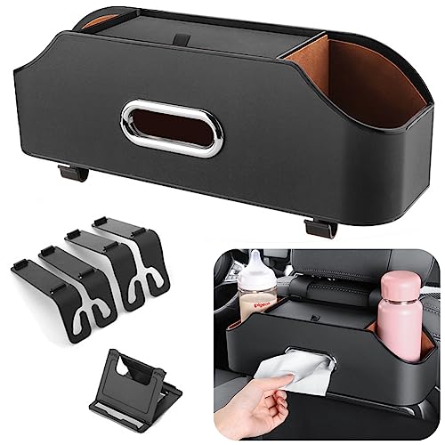 車ドリンクホルダー 後部座席 多機能 シートバック 車用収納ボックス ティッシュケース カーシートフック PUレザー製 防水防汚 耐摩耗 取り付け簡単 省スペース カー用品 (ロゴなし,ブラック)