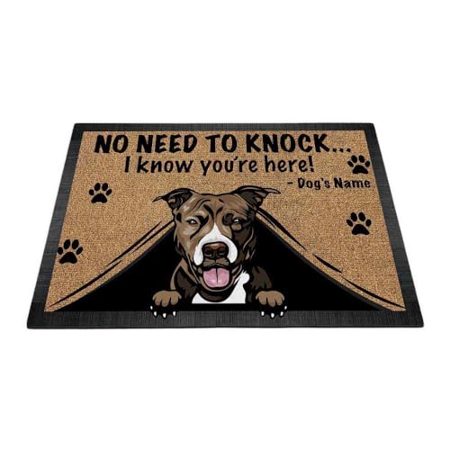 MALIHONG Personalized Doormat Lovely Peeking Dog Pit Bull No Need to Knock I Konw You're Here 27.5 x 17.7 Inch