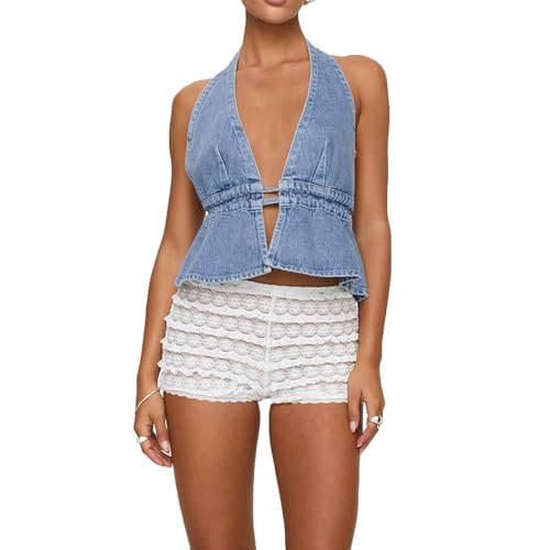lisenraIn Women's Jean Vest Top Fashion Sleeveless Denim Halter Neck Top Y2K Sexy Backless Tie Back Denim Vest Tank Top