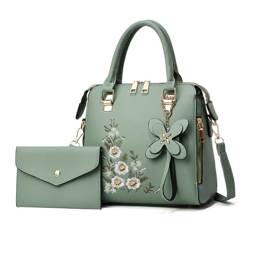 NICOLE & DORIS Mode Umhängetasche Henkeltasche Frauen mit Bestickte Mittelgroß Tasche PU Leder Handtasche Damen für Reisen Einkaufen Arbeiten Grün
