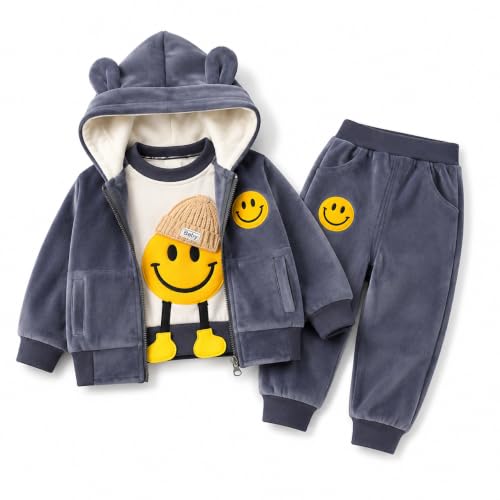 Image of Bold N Elegant Kids Polyester Printed 3d Happy Smile Face Cartoon Winter Warm Hoodied Jacket Sweatshirt and Pajamas 3 Pc Layering Party Clothing Set