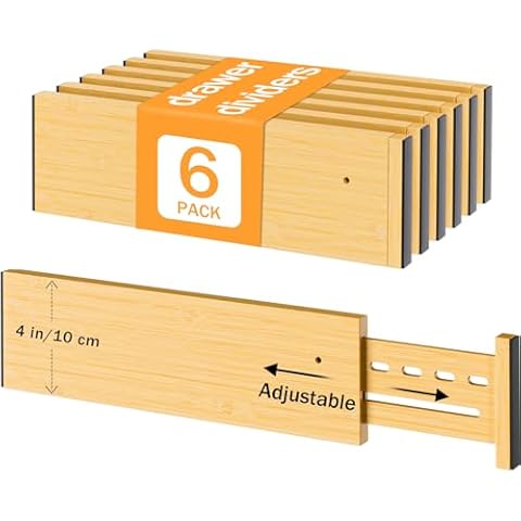 Ryqtop Bamboo Drawer Dividers 4" High, 12.8-18" Adjustable Drawer Organizers for Clothes,Expandable Dresser Separators in Bedroom/Kitchen/Bathroom/Office Organization and Storage,6 Pack Cover