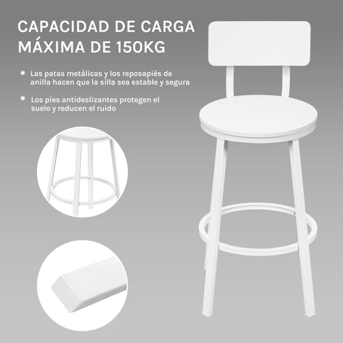 WOLTU Taburetes Bar Juego de 2, Taburetes Altos Cocina con Respaldo y Reposapiés, Sillas Modernas de Isala Mostrador, Restaurante y Bistro, Base de Metal, Blanco - imagen 6