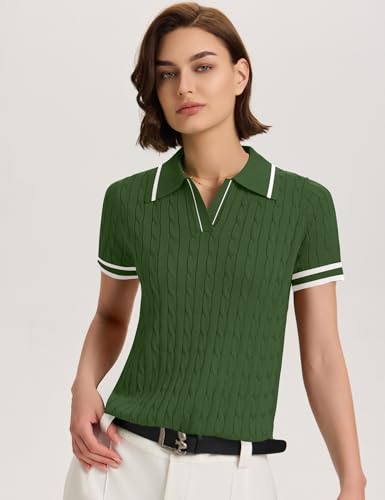 Image of Micoson Womens Short Sleeve Sweater Tops Lapel V Neck Polo Shirts 2026 Summer Cable Knit Loose Blouse Business Casual Outfits