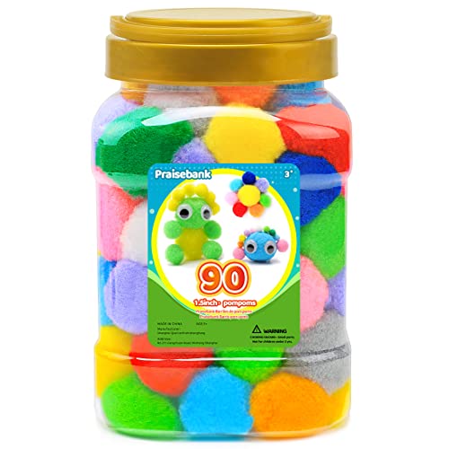Praisebank Multi-Colored Large Pom poms 90pcs 1.5inch/4cm Arts and Crafts Pom Pom Balls in jar