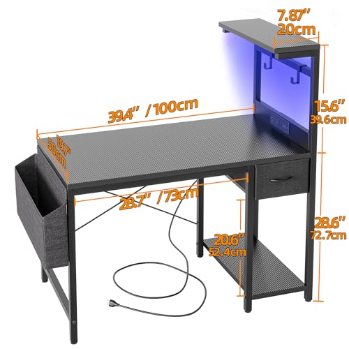 TIQLAB Gaming Desk 40 inch with Power Outlet and LED Light, Computer Desk with Reversible Shelves and Storage Drawer, Small PC Desk for Home Office Table with Bag, Carbon Fiber Black