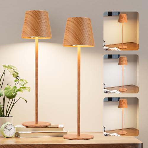 Image of Kakanuo Wood Grain Cordless Table Lamp Rechargeable - 2 Pack 5000mAH Battery Operated Lamp for Counter, 3 Color Stepless Dimming Wireless Lamp for Dining Kitchen, Outdoor Patio, Touch Control