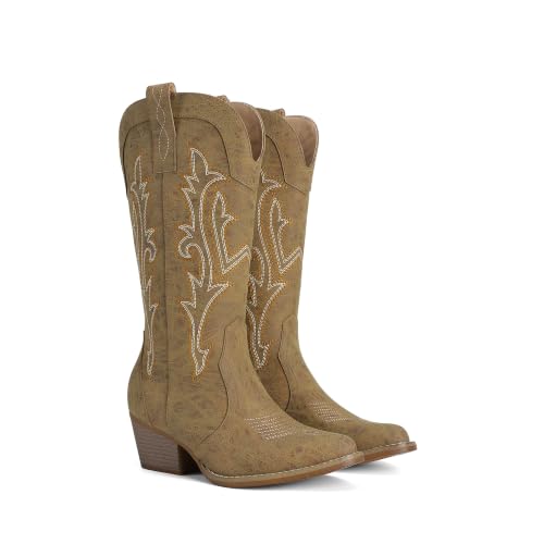Image of DREAM PAIRS Women's Cowboy Cowgirl Boots Embroidered Pointed Toe Low Heel Western Mid Calf Boot for Theme Party Country Concert