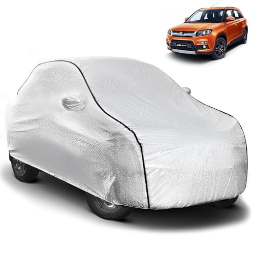 Image of Pivalo Car Cover for Maruti Brezza All Model & Years (2016-2025) 100% Waterproof with Mirror Pockets, Triple Stitched Bottom Elastic Dustproof Full Body Protection (Heat & UV Resistant, Silver)
