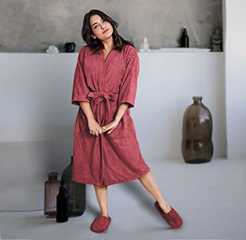 Image of Sassoon Venir Microfiber Bathrobe with Slippers for Men & Women, Unisex Luxury Bathrobe Towel, Spa Robe Combed (Pack of 1) - Crimson Color