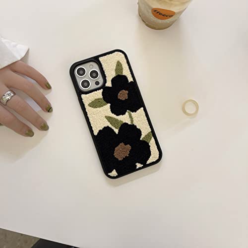 Tewwsdi Warm Fur Phone Case Compatible With Iphone 13 Pro 6.1 Inch 2021 Release Black Floral Ins Design Slim Soft Tpu Bumper +Terry Velvet Fluffy Material Girly Protective Cover (Black Flowers) #TOP5