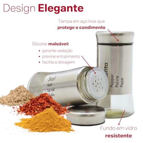 Kit Premium Saleiro e Pimenteiro com Funil de Silicone Saleiro Vidro Saleiro Inox Porta Sal Saleiro