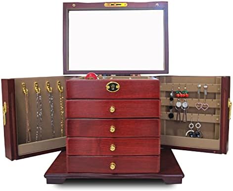 TITISKIN Extra Large Jewelry Box Wooden for Women Solid Wood Organizer with Lock for Jewelries with Mirror Necklaces, Rings, Vintage for Girls