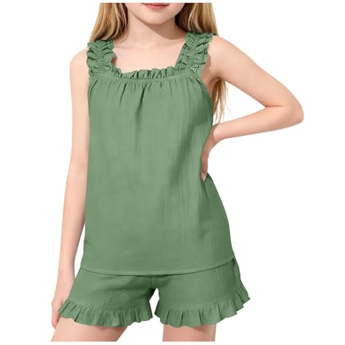 Ensemble fille en coton lin avec débardeur à volants et short mignon d'été
