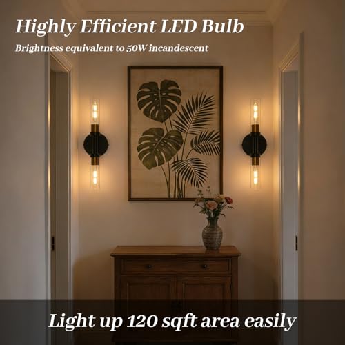Image of Rechargeable Battery Operated Wall Sconce Set of 2, Dimmable Wall Light with Touch Control, Wireless Bathroom Vanity Lights Over Mirror, Modern Wall Lamp for Living Room Hallway, Black Gold