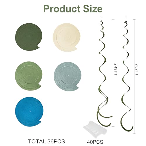Image of 36 Pcs Sage Green Dusty Blue Hanging Swirl Decorations Blue Sage Green Felt Swirl Streamer Spiral Ceiling Garland for Birthday Retirement Wedding Safari Silly Goose Themed Party Supplies