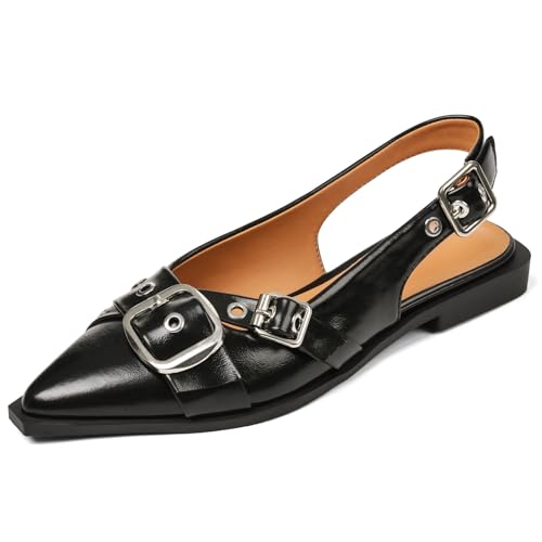 Women's Slingback Flats Closed Pointed Toe Low Heel Dress Flat Shoes Buckle Pathent Leather Ballet Flats for Women 2025 Comfrotable Work