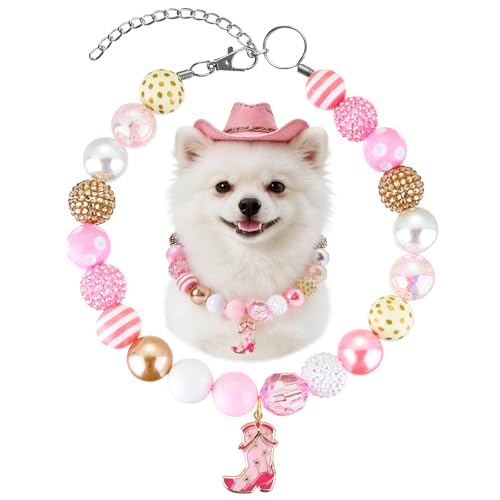 Evoonlyn Pink Cowboy Beaded Dog Collar with 4 Interchangeable Western Charms-20mm Chunky Dog Necklace for Small to Large Dogs Adjustable 14-18 Inch for Party & Photo (Pink, S)