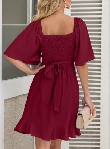 Dokotoo Women's Wrap V Neck Short Flared Sleeve Wedding Guest Dress Smocked Elastic Waist Tiered Belted Ruffle Hem Mini Dress - Image 3