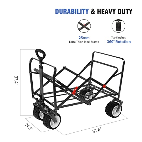 Collapsible Utility Wagon With Big All Terrain Wheels, Heavy Duty Foldable Wagon Grocery Folding Cart For Outdoor Garden Beach Sports, Blue #TOP1