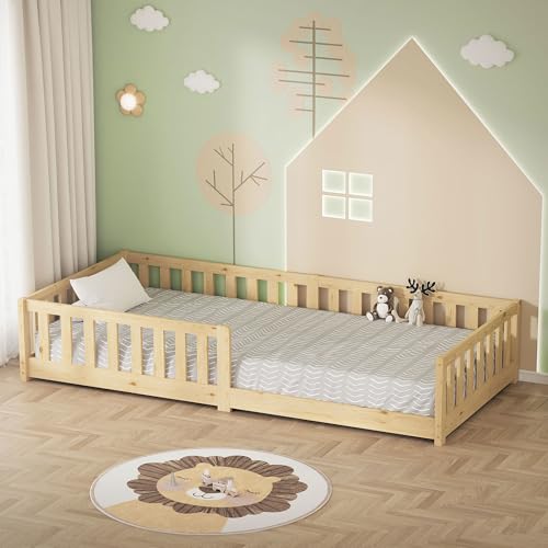 ML-Design Cama de Suelo Infantil 90x200 cm Natural Madera Maciza de Pino con Somier de Láminas y Protección Anticaída Cuna Individual Lecho para Niños y Bebés Mobiliario para Habitación Juvenil