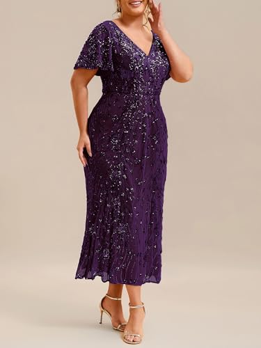 Image of Ever-Pretty Plus Women's Sequin V Neck Plus Size Prom Dress Mermaid Formal Cocktail Evening Dresses for Curvy Women