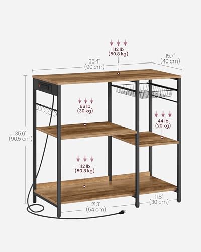 Image of VASAGLE Baker's Rack, Coffee Bar Stand with Charging Station, Storage Shelves, Pull-Out Wire Basket, Table for Microwave, Kitchen, Rustic Walnut UKKS036K41, 15.7 x 35.4 x 35.6 Inches