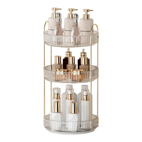 360° Rotating Makeup Organizer for Vanity - 3 Tier Perfume Organizer with Large Capacity - Skincare Organizer for Bathroom Counter - Space-Saving Cosmetic Storage for Dresser Countertop (Clear)