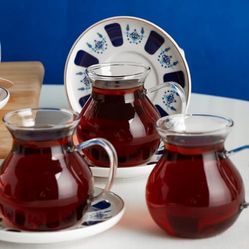 Porsima 17903 Laleli 12 Parça 6 Kişilik Çay Seti – 210 ml Borosilikat Cam Kulplu Tombik Bardak ve Porselen Çay Tabağı Takımı - Görsel 2