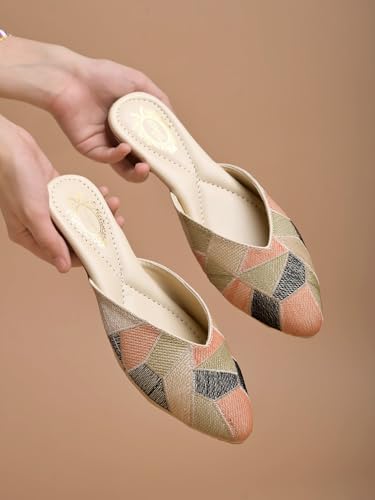 Image of Shoetopia Women's Ethnic Slip-On Mules Embroidered Flat Sandal with Low Heel - Stylish & Comfortable Casual Footwear