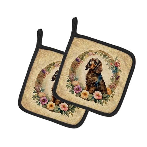 Caroline's Treasures Field Spaniel and Flowers Pair of Pot Holders Kitchen Heat Resistant Pot Holders Sets Oven Hot Pads for Cooking Baking BBQ, 7 1/2 x 7 1/2