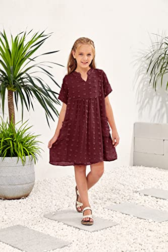Girls V-Neck Chiffon Flowy Dress Swiss Dot Casual Summer Dress Short Sleeve Swing Mini Dress 5-14 Years #TOP3
