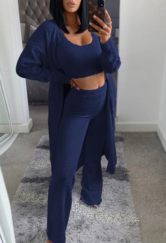 Image of Fixmatti Women's Fuzzy 3 Piece Sweatsuit Open Front Cardigan Crop Tank Tops Wide Legs Pants Lounge Sets