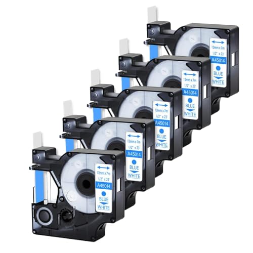 Ruban compatible D1 45014 12mm bleu sur blanc pour étiqueteuse LabelManager 450D pack de 5