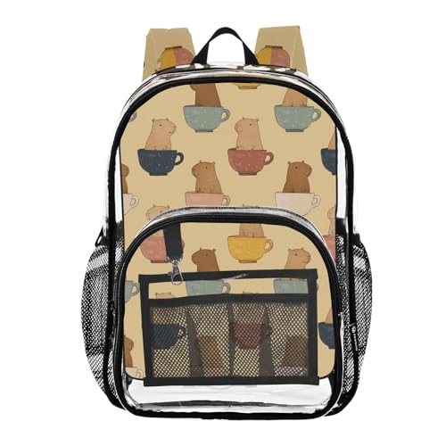 Kids PVC Clear Backpack Capybara Cups Beige Cute Heavy Duty Multi-pockets Large Capacity Transparent See Through Bookbag for School Travel Sport Work