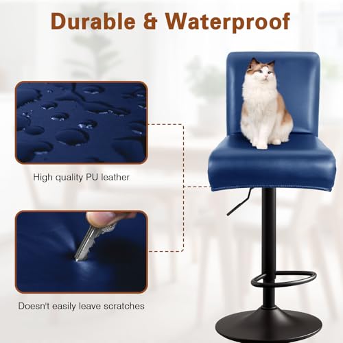 Image of PU Leather Bar Stool Covers with Backs, 4 Pack Stretch Waterproof Bar Stool Chair Covers Washable & Comfortable Barstool Covers Slipcovers with Back for Pub /Counter /Dining Room Decoration (Navy)
