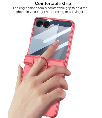Image of Midkart Ring Case Compatible with Samsung Galaxy Z Flip 7 Release 2025 Magnetic Hinge Protection Ring Holder Hard PC with Front Glass Cover 360-degree Protection, Coral Red