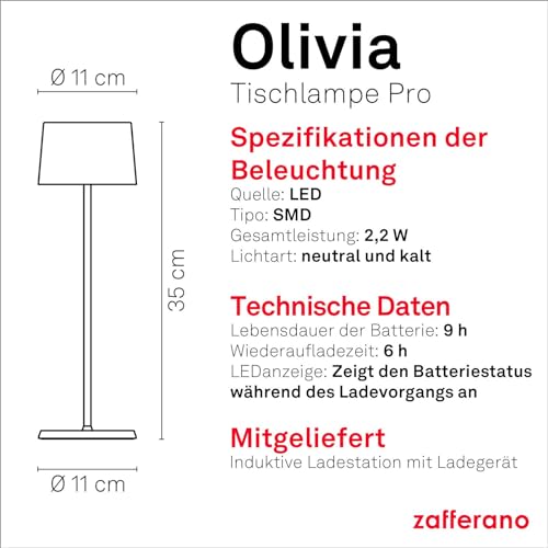 Zafferano, Olivia Pro Lampe, Tragbare und Wiederaufladbare Tischlampe mit Touch Control, Geeignet für Wohnzimmer und Außenbereich, Dimmer, 2700-3000 K, Höhe 35 cm, Farbe Dunkelgrau
