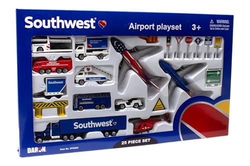 Daron Southwest Airport 25-Piece Die-Cast Metal and Plastic Airplanes, Vehicles, and Accessories Playset Toy and Collectible, for Age 3+