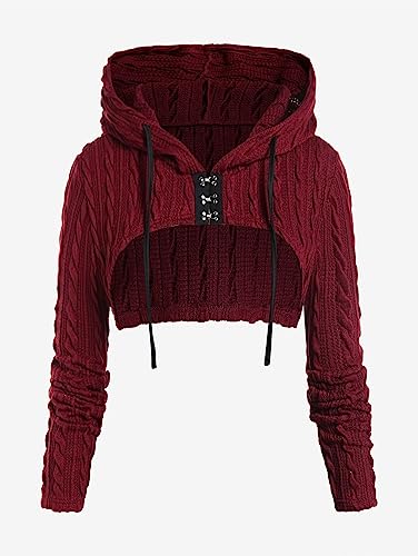 Image of ROSE GAL Women Lace Trim Ruched Cami Tank Top and Hooded Hook Eye Cable Knit Cropped Shrug Sweater