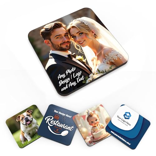 Personalised Coasters | Pack of 1 Without Stand | Custom Photo & Text Square Coasters | Company Logo Restaurant & Bar | Mothers Day Fathers Day Birthday | Housewarming & Kitchen Gift (CUS-1-SQ)
