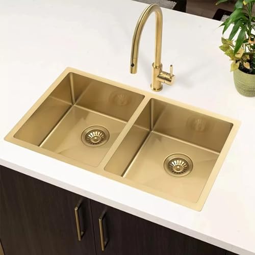 CBDOIT 32 Inch Gold Kitchen Sink, 32 x 19 Inch Undermount Kitchen Sinks, 50/50 Double Bowl 16 Gauge Stainless Steel Sinks for Modern Kitchen